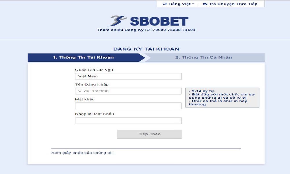 Điền các thông tin các nhân vào form đăng ký Sbobet